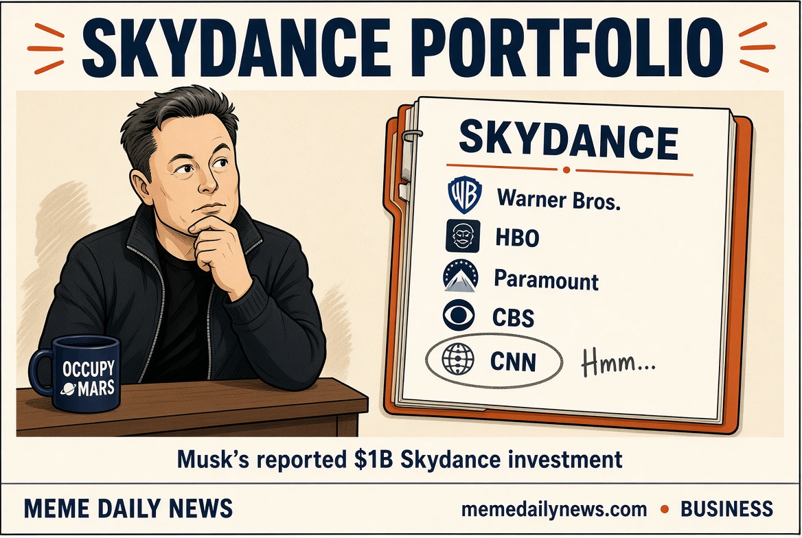 Editorial illustration of Elon Musk resting his chin on his hand beside a Skydance portfolio listing Warner Bros., HBO, Paramount, CBS and a circled CNN with “Hmm…” beside it. The caption references his reported $1 billion investment.